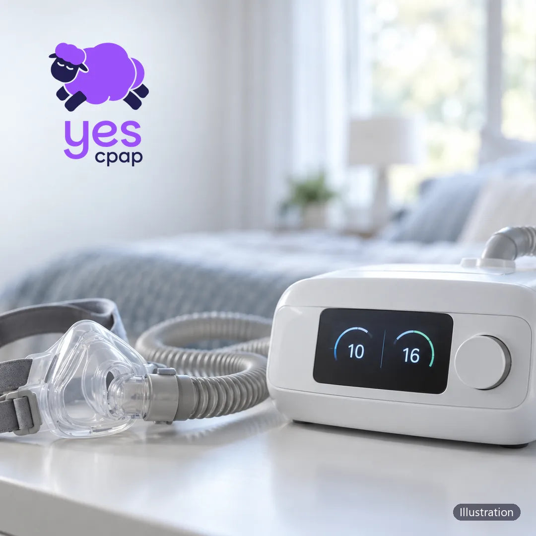iBreeze Auto BiPAP machine with mask and tubing on a bedside table (illustration)