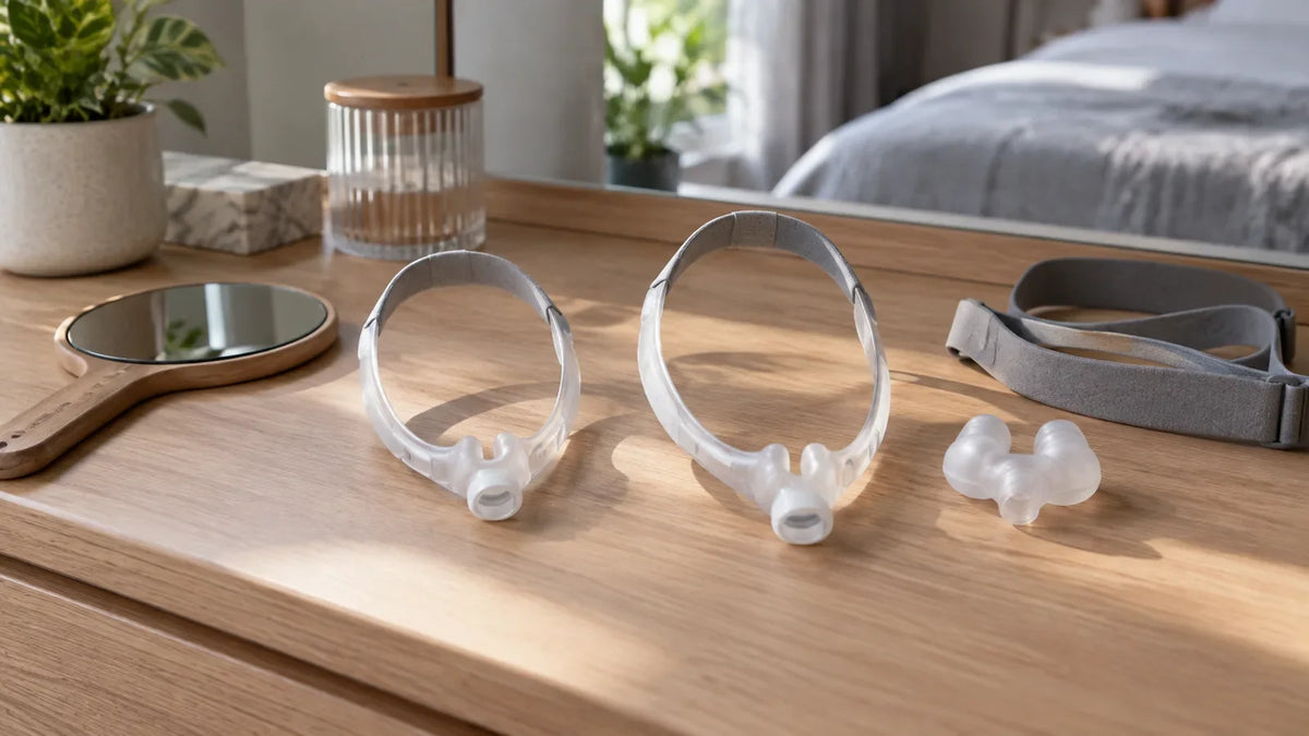 CPAP air blowing in eyes: two nasal mask frames of different sizes laid side by side on a dresser to compare fit