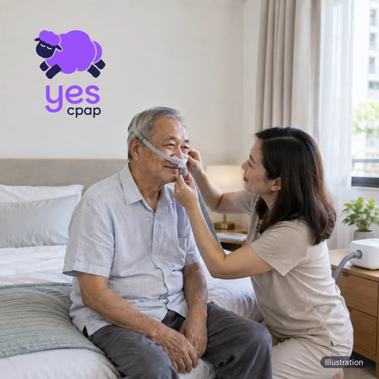 CPAP machine for elderly parents: daughter fitting a small nasal mask on her father