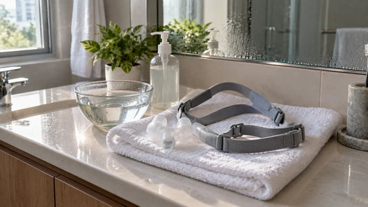 CPAP mask rash prevention: a washed nasal pillows cushion and headgear air-drying on a towel beside a bowl of water and mild soap