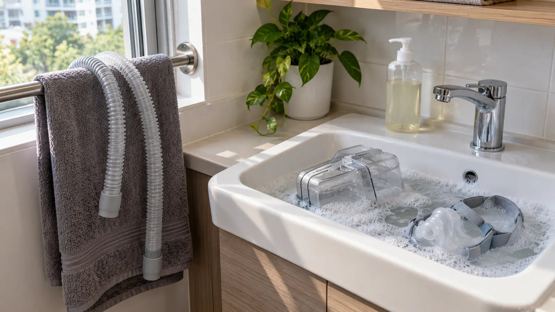 CPAP cleaner ozone or UV not needed: CPAP mask parts soaking in warm soapy water with the tubing hung up to air-dry