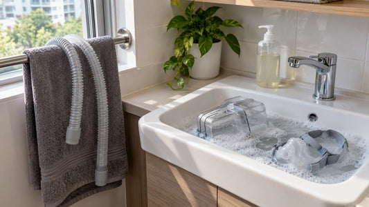 CPAP cleaner ozone or UV not needed: CPAP mask parts soaking in warm soapy water with the tubing hung up to air-dry