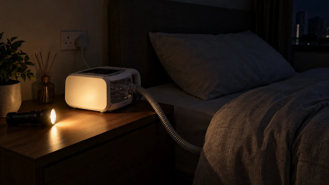 CPAP power outage: a CPAP machine on a bedside table lit only by a torch during a power cut, beside an empty bed