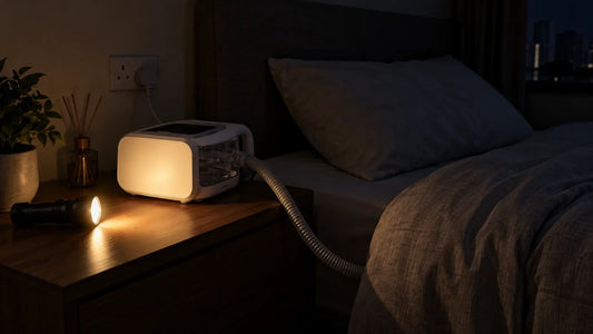 CPAP power outage: a CPAP machine on a bedside table lit only by a torch during a power cut, beside an empty bed