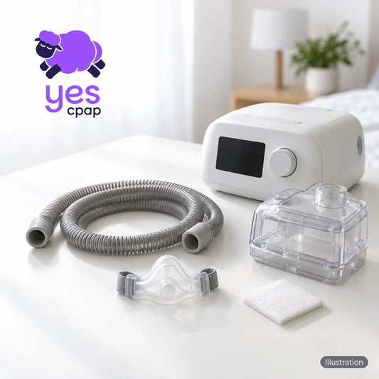 How long does a CPAP machine last: white CPAP machine with replacement filter, tube and mask