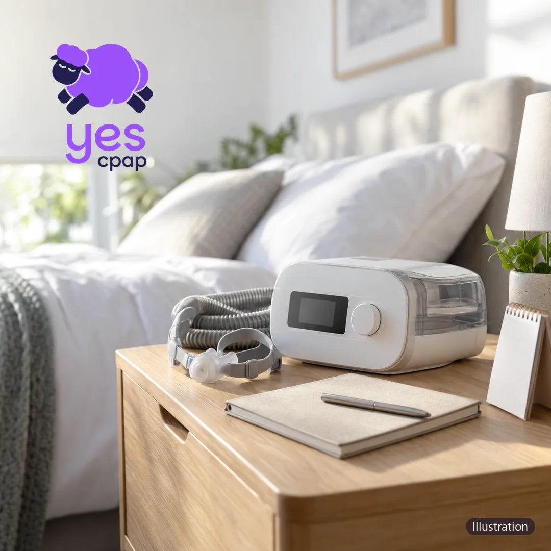 CPAP rental Singapore: auto CPAP machine with humidifier on a bedside table beside a notebook