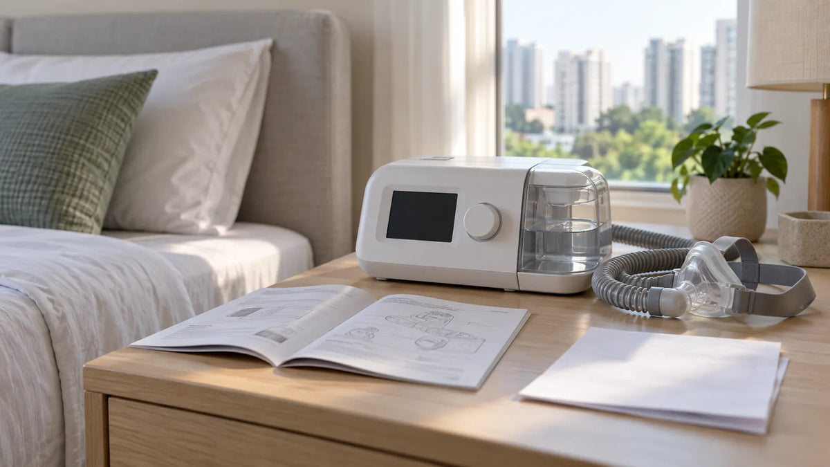 Resvent CPAP made in China: a compact white auto CPAP machine with its user manual on a bedside table in a Singapore bedroom