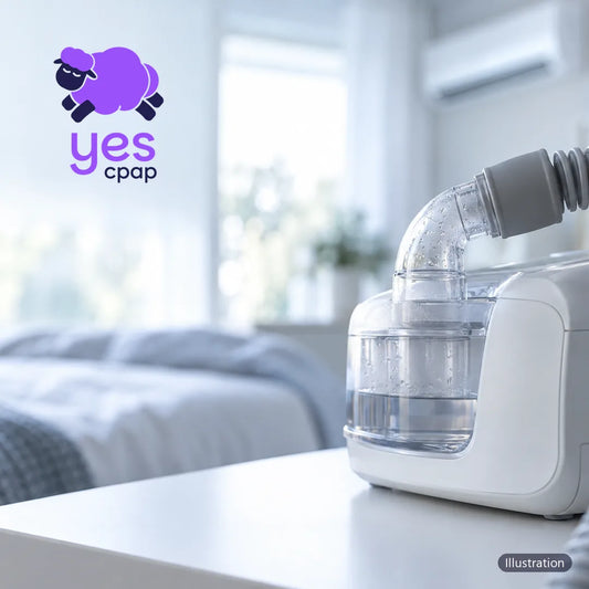 Resvent iBreeze humidifier and heated tubing on a white table in a bright bedroom (illustration)