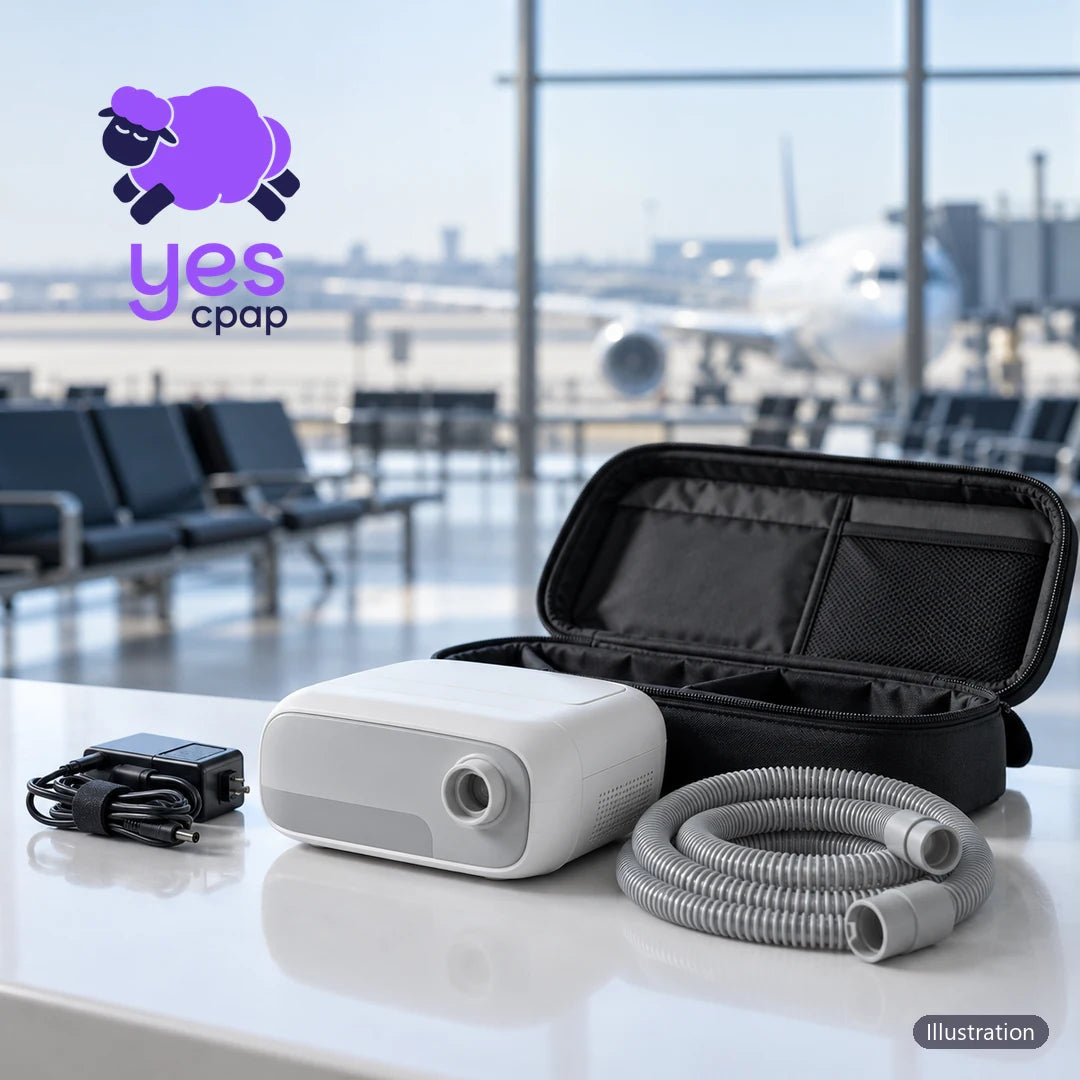 Compact travel CPAP machine beside a carry case and power adapter in an airport lounge (illustration)