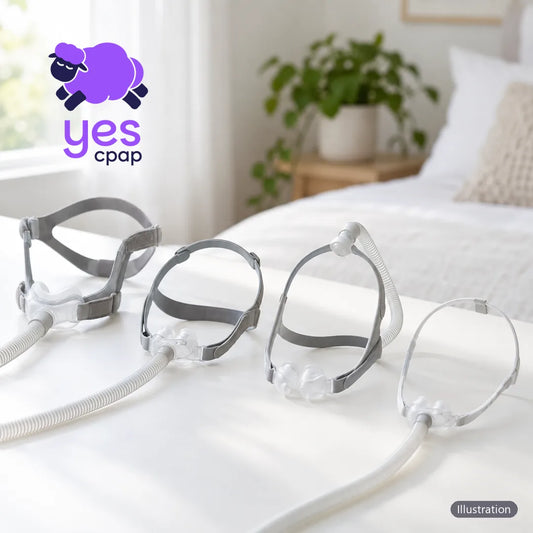 Four under the nose CPAP mask options side by side on a bright white table