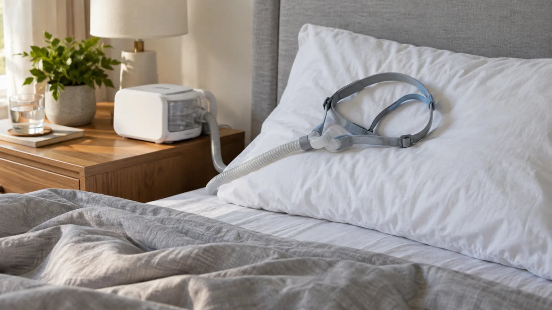 Waking up with CPAP mask off: a nasal pillows mask lying on a pillow beside a CPAP machine on the bedside table